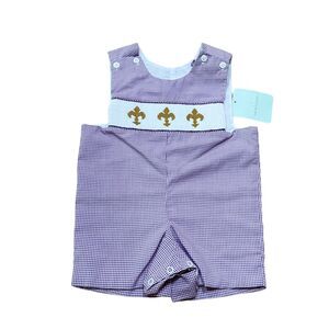 Hand Smocked Shortalls by Jadi Lane Boys Size 12 M Purple Check Pattern NEW